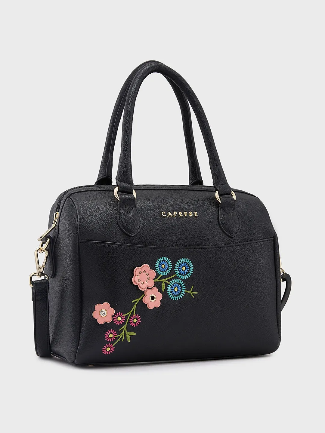 Caprese Erica Satchel Medium Black Embroidered Women's Handbag Black