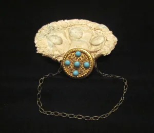 Circa 1920s Silk Gate Top Purse Gold Filigree Turquoise Stone Wristlet Purse