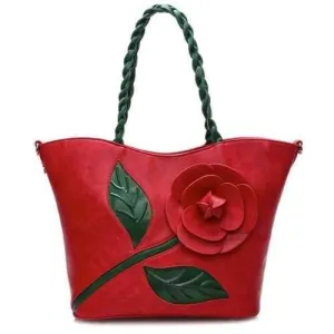 Color Splicing Rose Stitching Shoulder Bag - Red