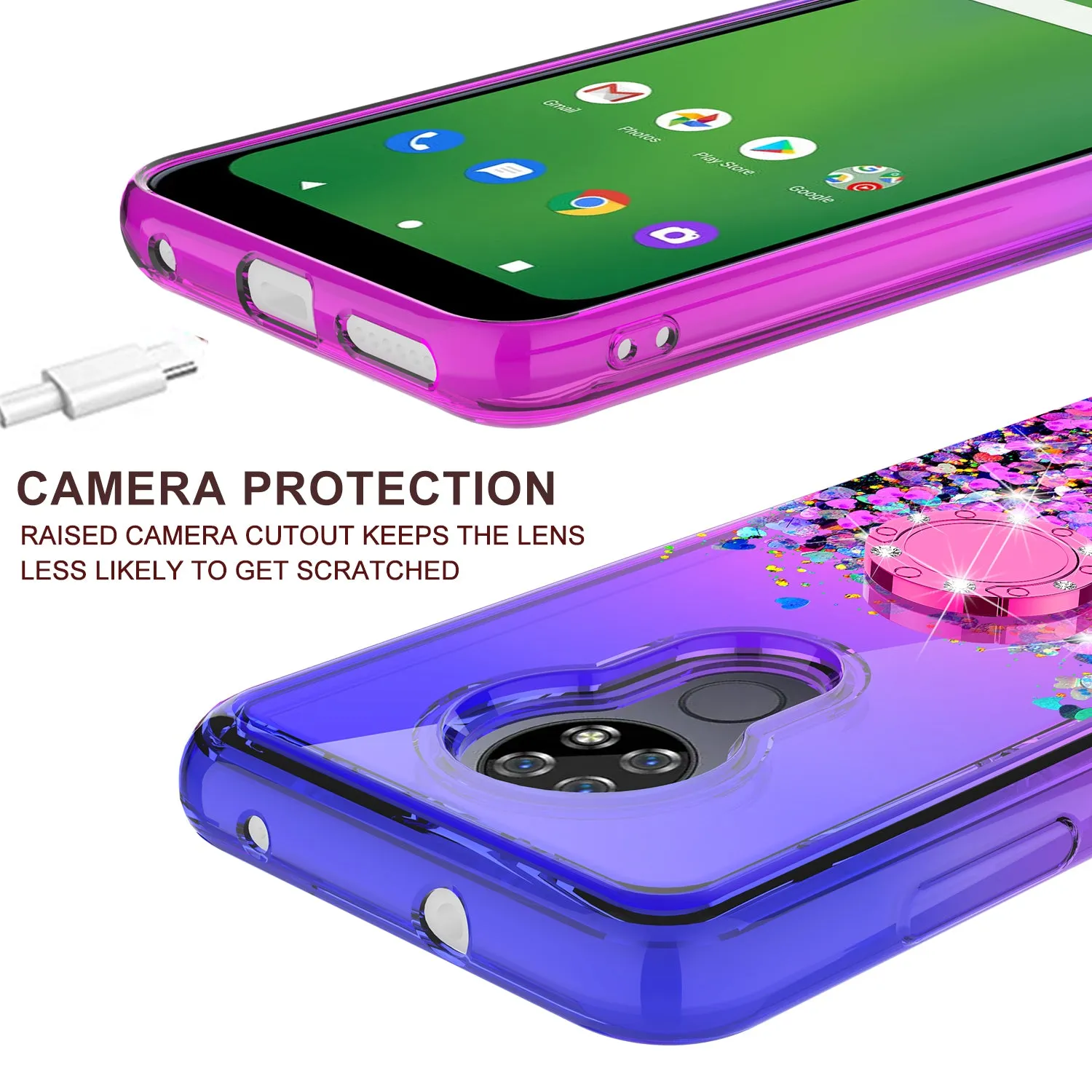 Cricket Ovation/AT&T Radiant Max Case, Ring Stand Liquid Floating Quicksand Bling Sparkle Protective Girls Women for Cricket Ovation/AT&T Radiant Max W/Tempered Glass - (Blue/Purple Gradient)