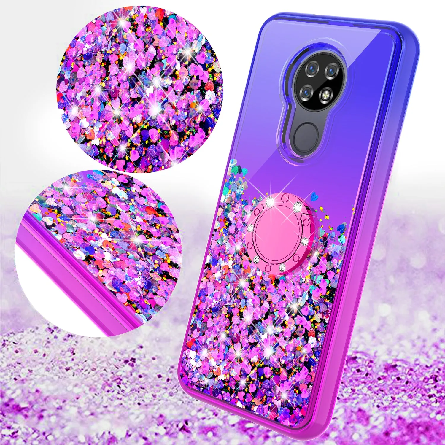 Cricket Ovation/AT&T Radiant Max Case, Ring Stand Liquid Floating Quicksand Bling Sparkle Protective Girls Women for Cricket Ovation/AT&T Radiant Max W/Tempered Glass - (Blue/Purple Gradient)