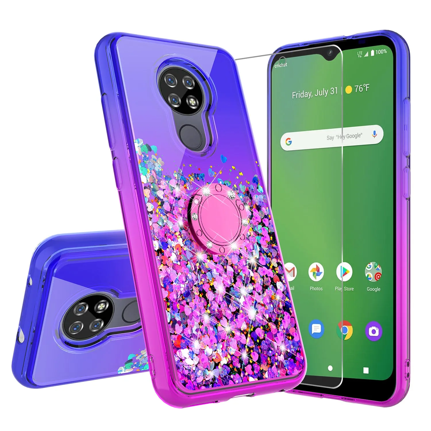 Cricket Ovation/AT&T Radiant Max Case, Ring Stand Liquid Floating Quicksand Bling Sparkle Protective Girls Women for Cricket Ovation/AT&T Radiant Max W/Tempered Glass - (Blue/Purple Gradient)