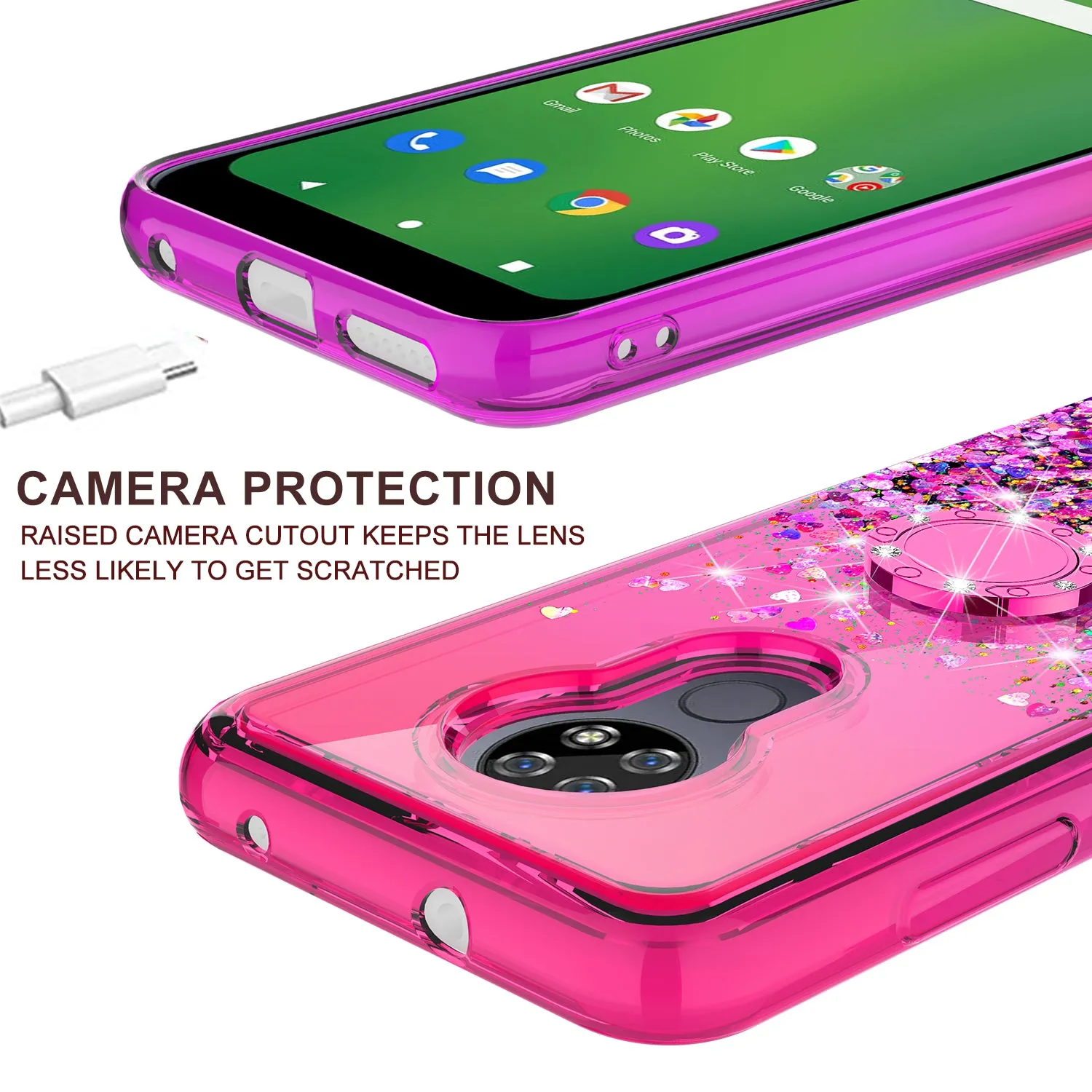 Cricket Ovation/AT&T Radiant Max Case, Ring Stand Liquid Floating Quicksand Bling Sparkle Protective Girls Women for Cricket Ovation/AT&T Radiant Max W/Tempered Glass - (Hot Pink/Purple Gradient)