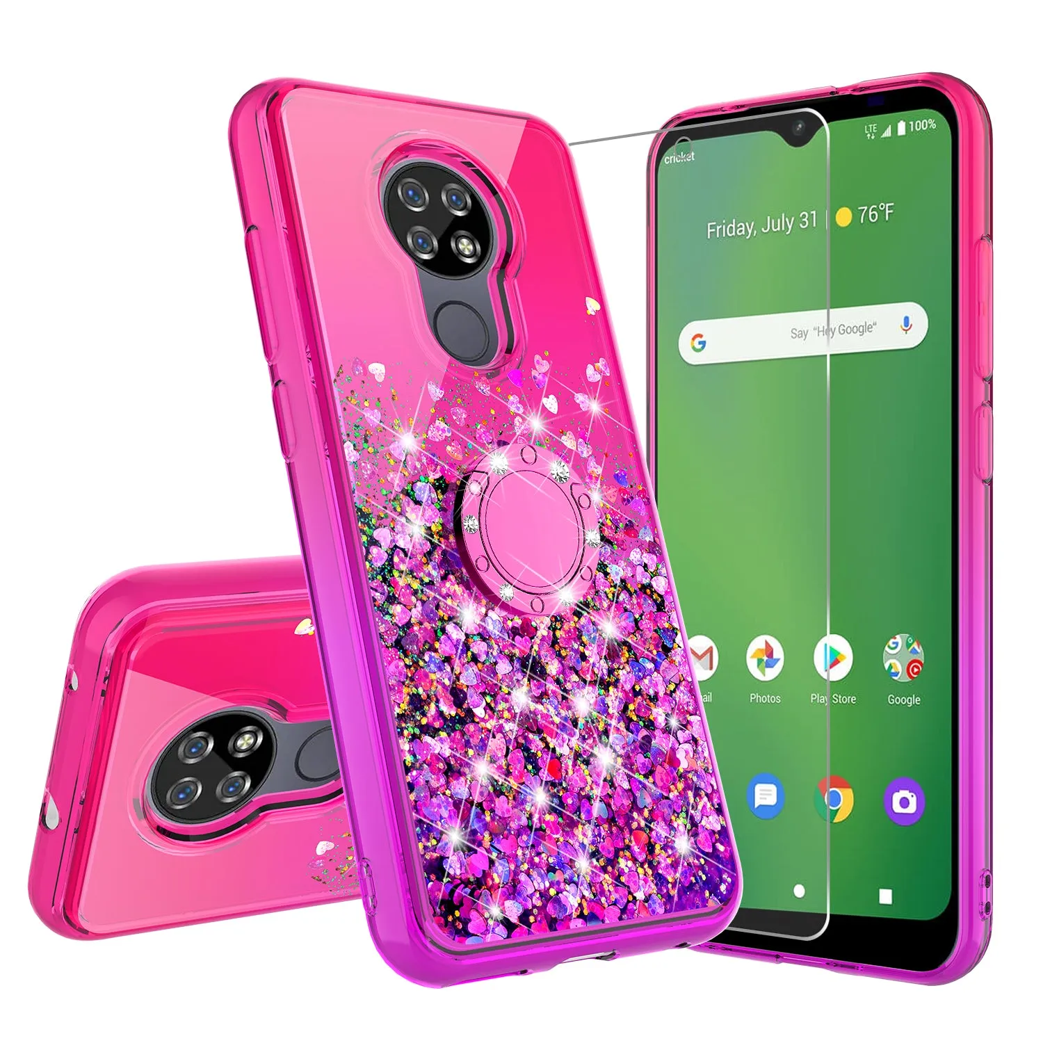 Cricket Ovation/AT&T Radiant Max Case, Ring Stand Liquid Floating Quicksand Bling Sparkle Protective Girls Women for Cricket Ovation/AT&T Radiant Max W/Tempered Glass - (Hot Pink/Purple Gradient)