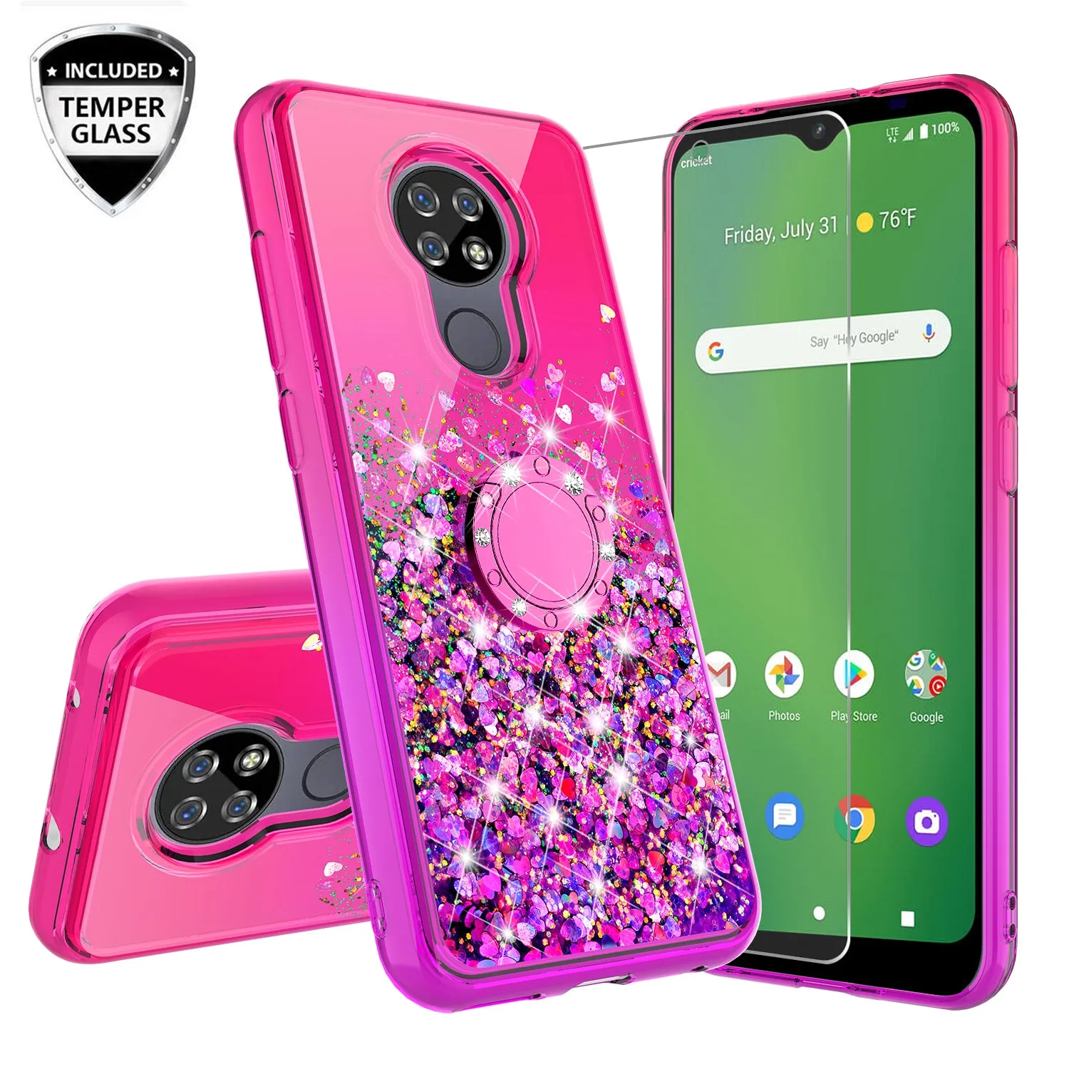 Cricket Ovation/AT&T Radiant Max Case, Ring Stand Liquid Floating Quicksand Bling Sparkle Protective Girls Women for Cricket Ovation/AT&T Radiant Max W/Tempered Glass - (Hot Pink/Purple Gradient)