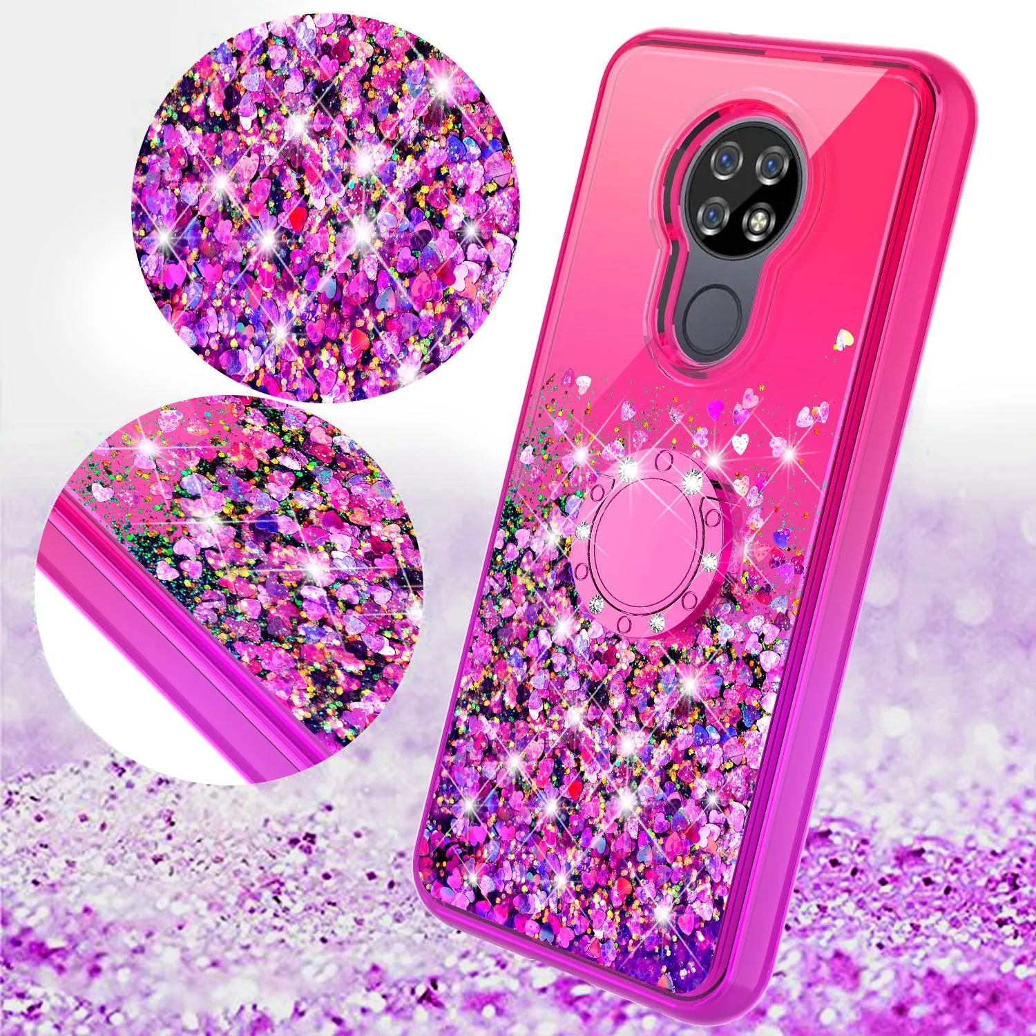 Cricket Ovation/AT&T Radiant Max Case, Ring Stand Liquid Floating Quicksand Bling Sparkle Protective Girls Women for Cricket Ovation/AT&T Radiant Max W/Tempered Glass - (Hot Pink/Purple Gradient)