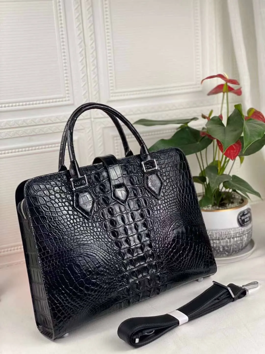 Crocodile Briefcase, Genuine Crocodile Skin Leather Laptop Bag Black