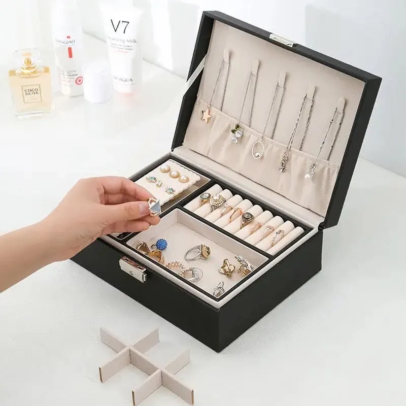 Double Layer Leather Jewellery Box, Earrings And Rings Storage Organizer, Portable Jewellery Box For Necklaces, Travel Jewelry Box Organizer with Lock, Travel Jewelry Leather Display Storage Case