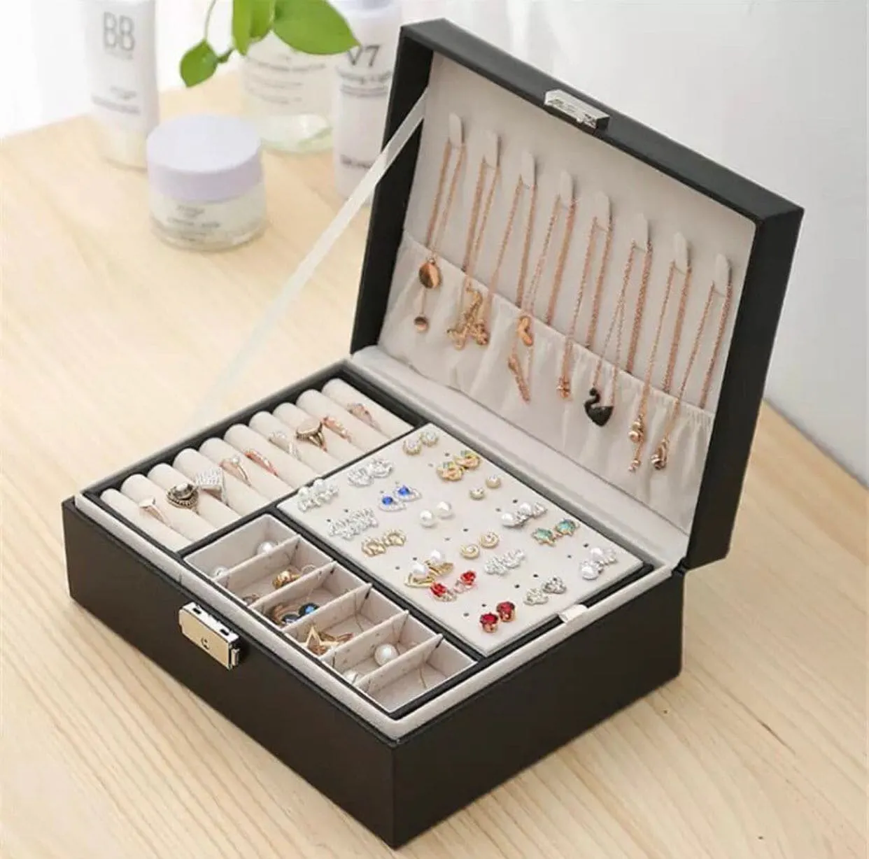 Double Layer Leather Jewellery Box, Earrings And Rings Storage Organizer, Portable Jewellery Box For Necklaces, Travel Jewelry Box Organizer with Lock, Travel Jewelry Leather Display Storage Case