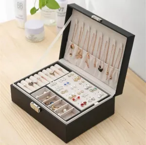 Double Layer Leather Jewellery Box, Earrings And Rings Storage Organizer, Portable Jewellery Box For Necklaces, Travel Jewelry Box Organizer with Lock, Travel Jewelry Leather Display Storage Case