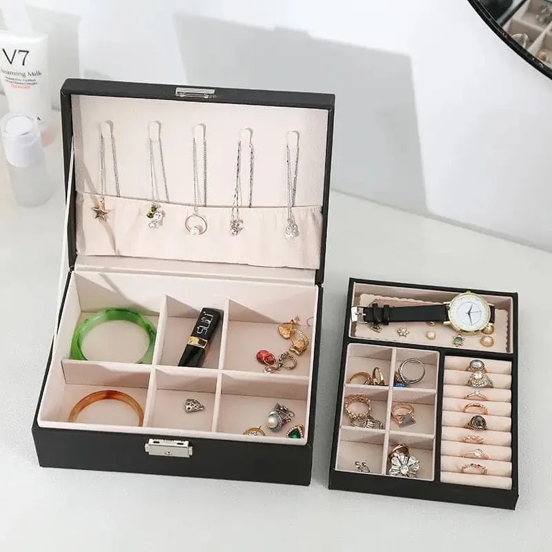 Double Layer Leather Jewellery Box, Earrings And Rings Storage Organizer, Portable Jewellery Box For Necklaces, Travel Jewelry Box Organizer with Lock, Travel Jewelry Leather Display Storage Case