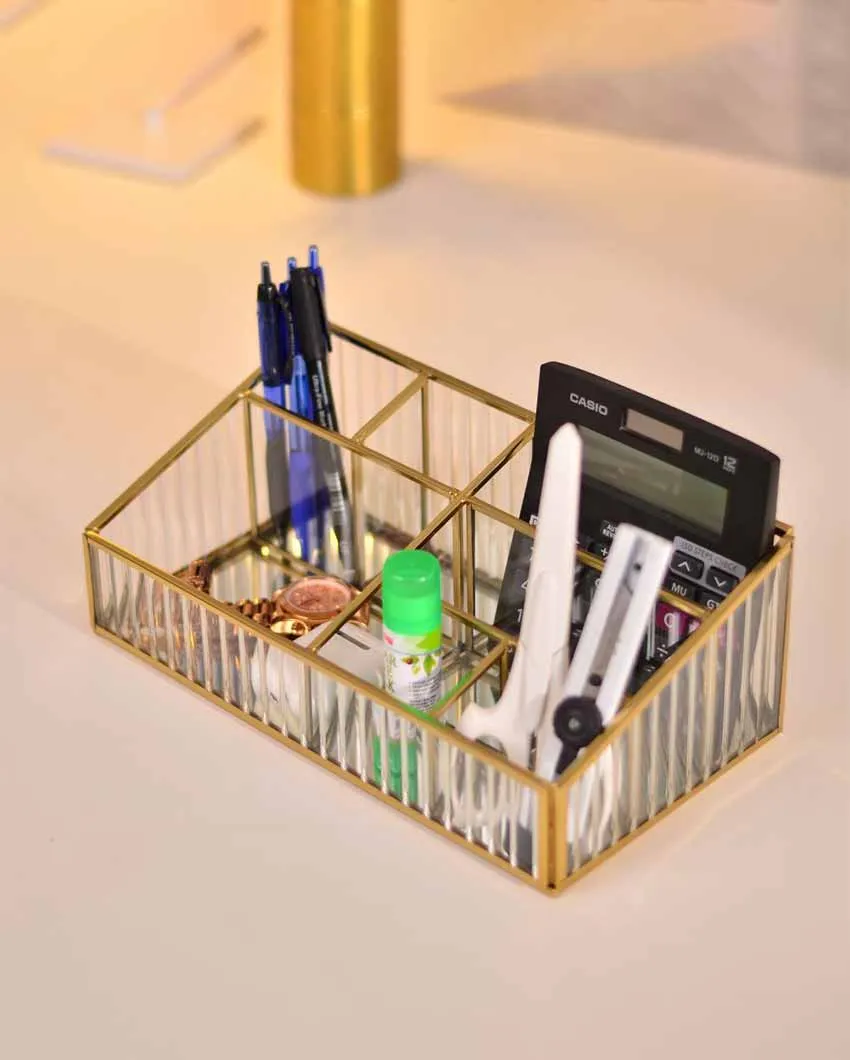 Elegant Fluted Glass Desk Make-Up & Toiletry Organizer | 11 x 6 x 4 inches