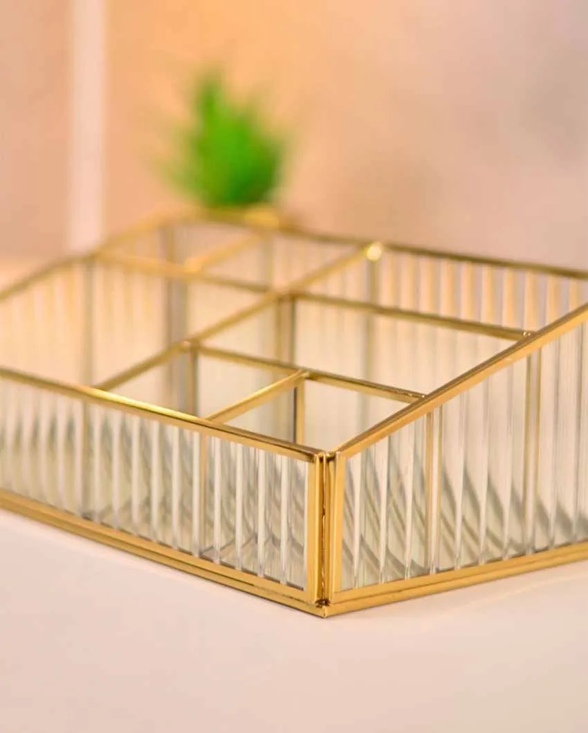 Elegant Fluted Glass Desk Make-Up & Toiletry Organizer | 11 x 6 x 4 inches