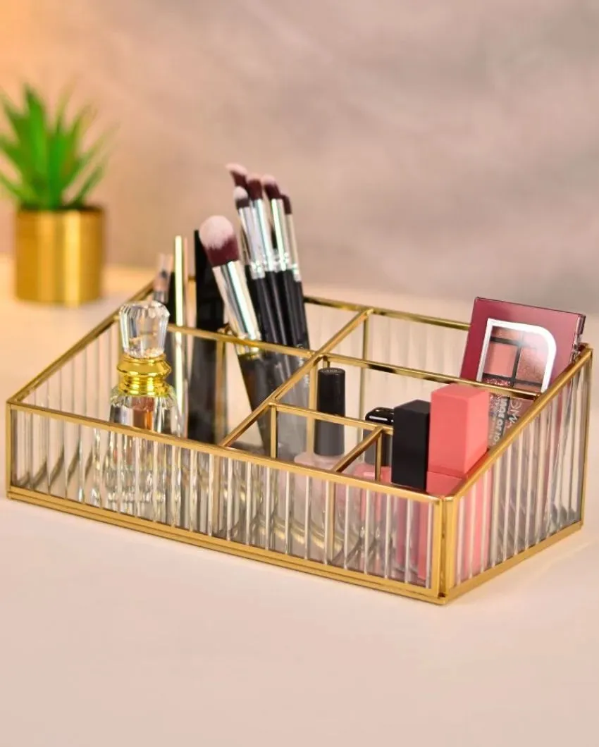 Elegant Fluted Glass Desk Make-Up & Toiletry Organizer | 11 x 6 x 4 inches