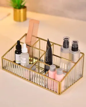 Elegant Fluted Glass Desk Make-Up & Toiletry Organizer | 11 x 6 x 4 inches