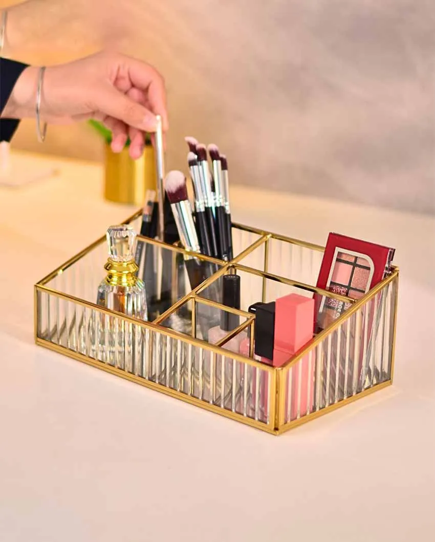 Elegant Fluted Glass Desk Make-Up & Toiletry Organizer | 11 x 6 x 4 inches