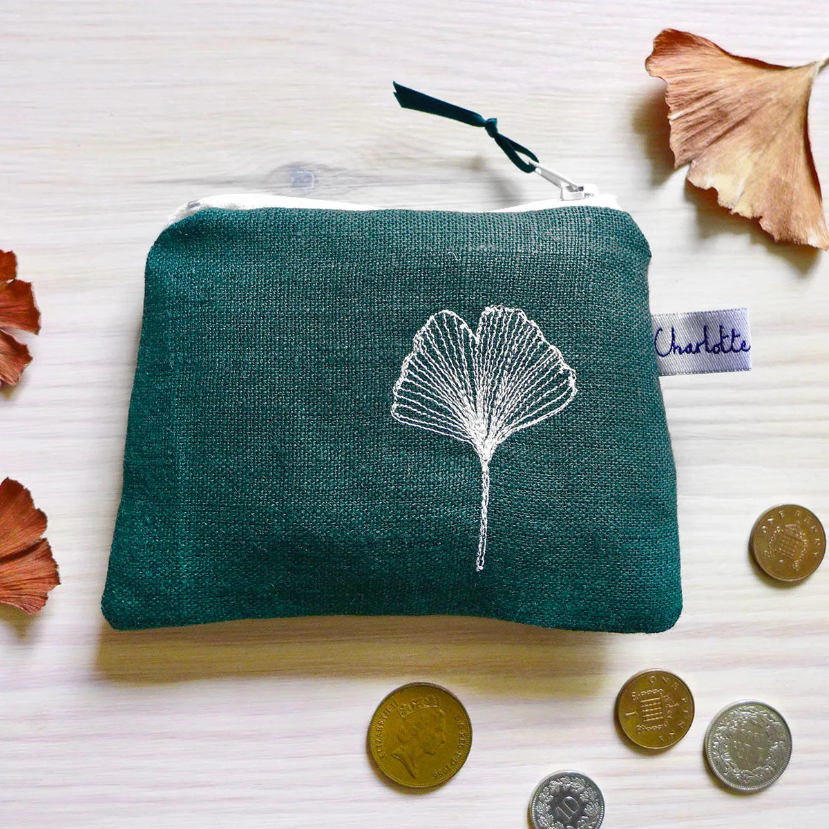 Embroidered Ginkgo Leaf Spruce Linen Purse