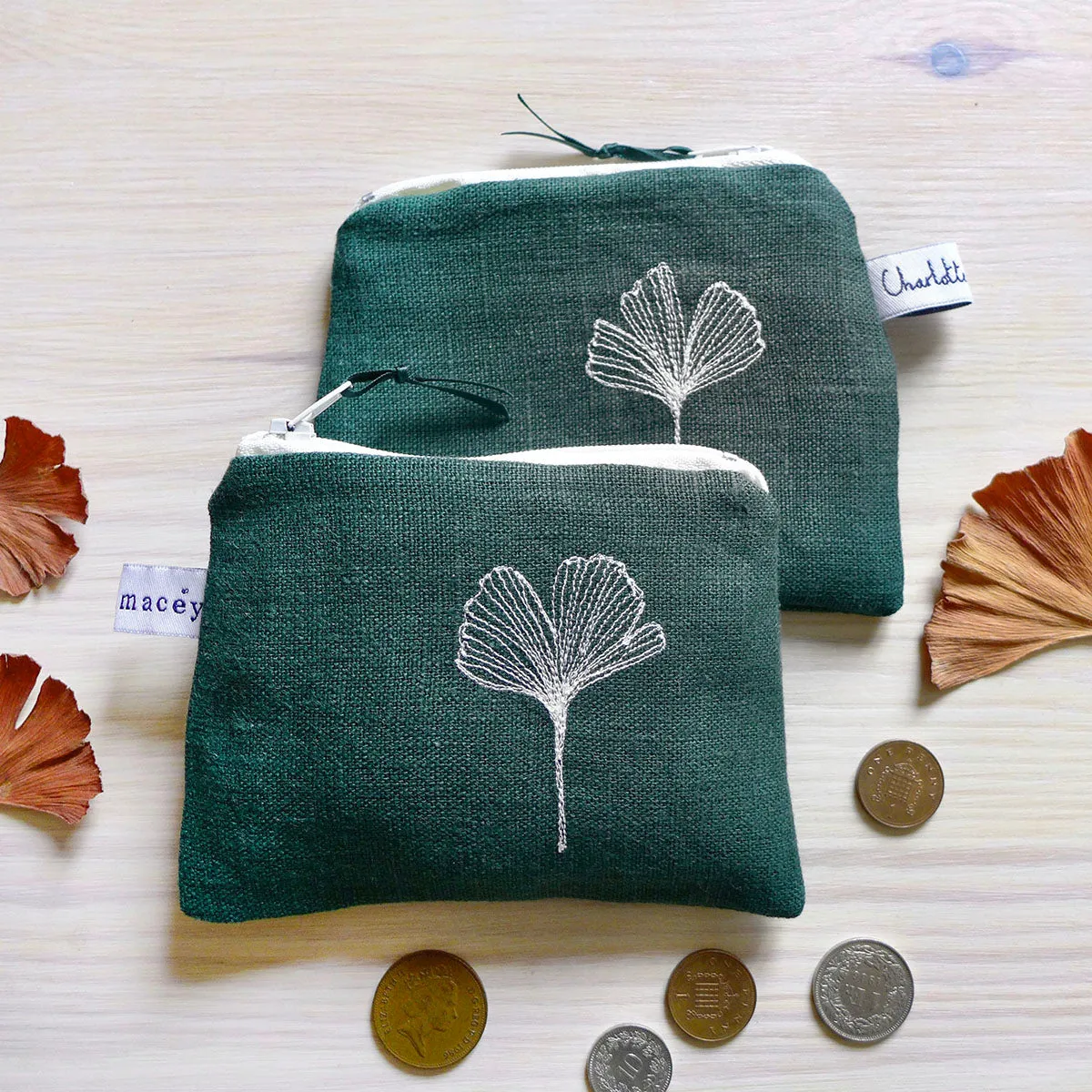 Embroidered Ginkgo Leaf Spruce Linen Purse