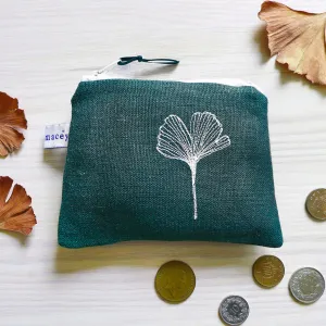 Embroidered Ginkgo Leaf Spruce Linen Purse