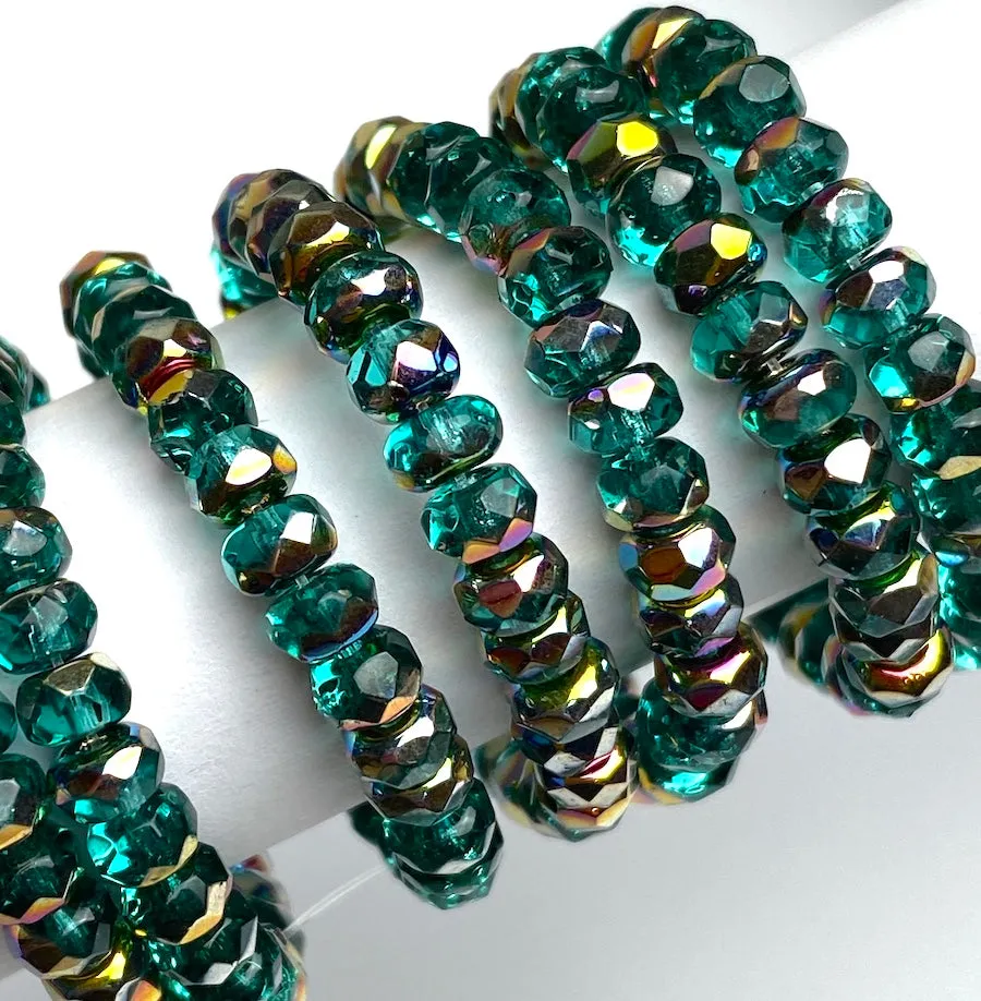 Emerald Czech Glass Fire-Polished Glass Beads, 4x5mm, 3.5" Strand of 30 Beads #L-790