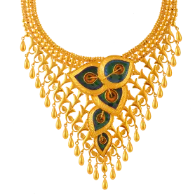 Exquisite 22k Gold Necklace Adorned With Colourful Peacock Feathers