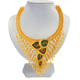 Exquisite 22k Gold Necklace Adorned With Colourful Peacock Feathers