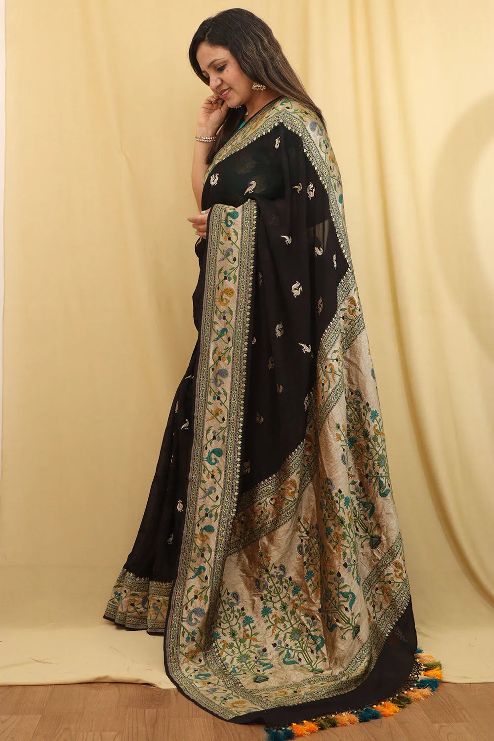 Exquisite Black Banarasi Georgette Saree with Paithani Border