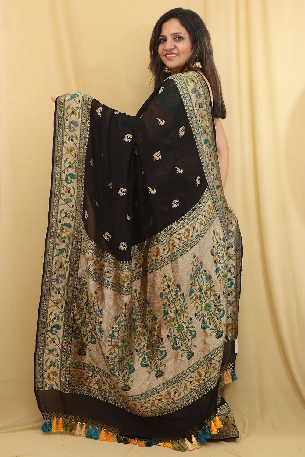 Exquisite Black Banarasi Georgette Saree with Paithani Border