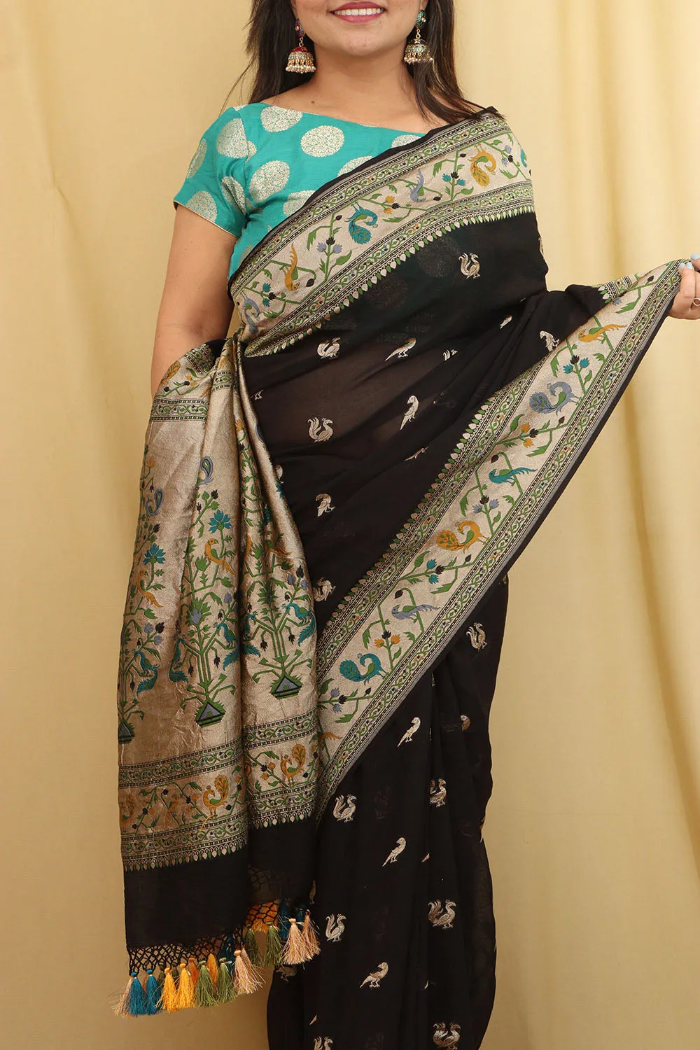 Exquisite Black Banarasi Georgette Saree with Paithani Border