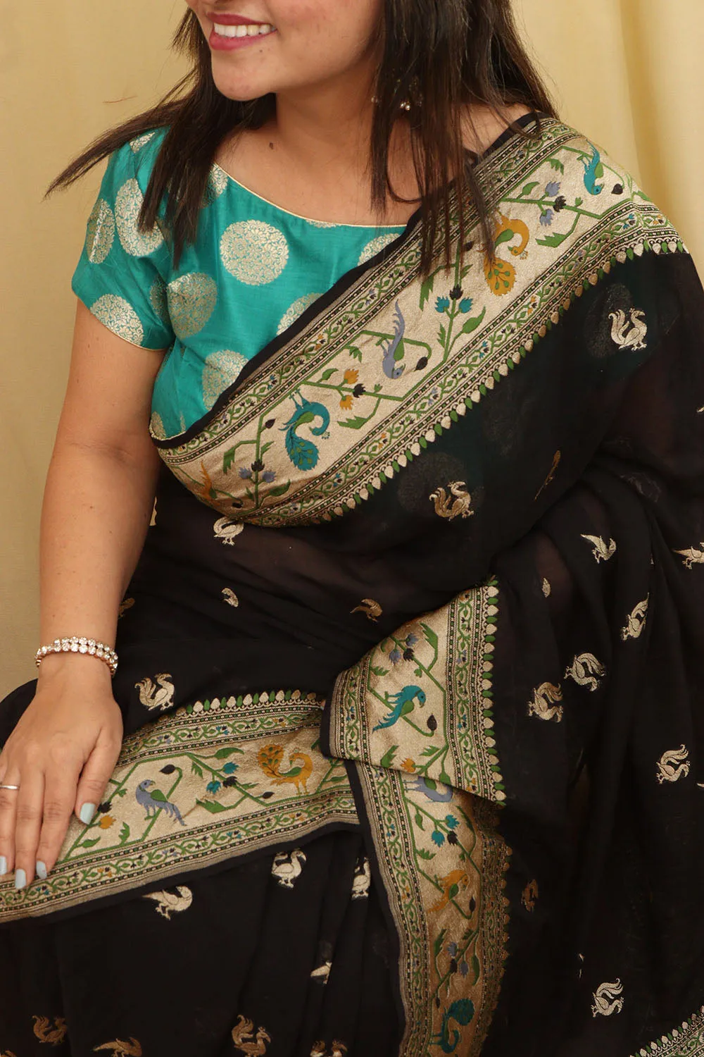 Exquisite Black Banarasi Georgette Saree with Paithani Border