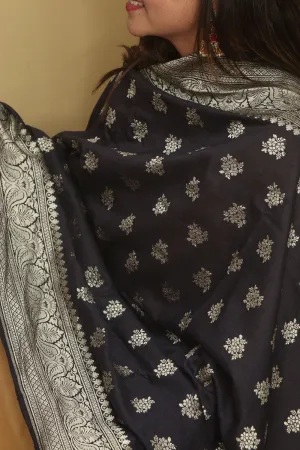 Exquisite Black Banarasi Handloom Pure Moonga Silk Dupatta