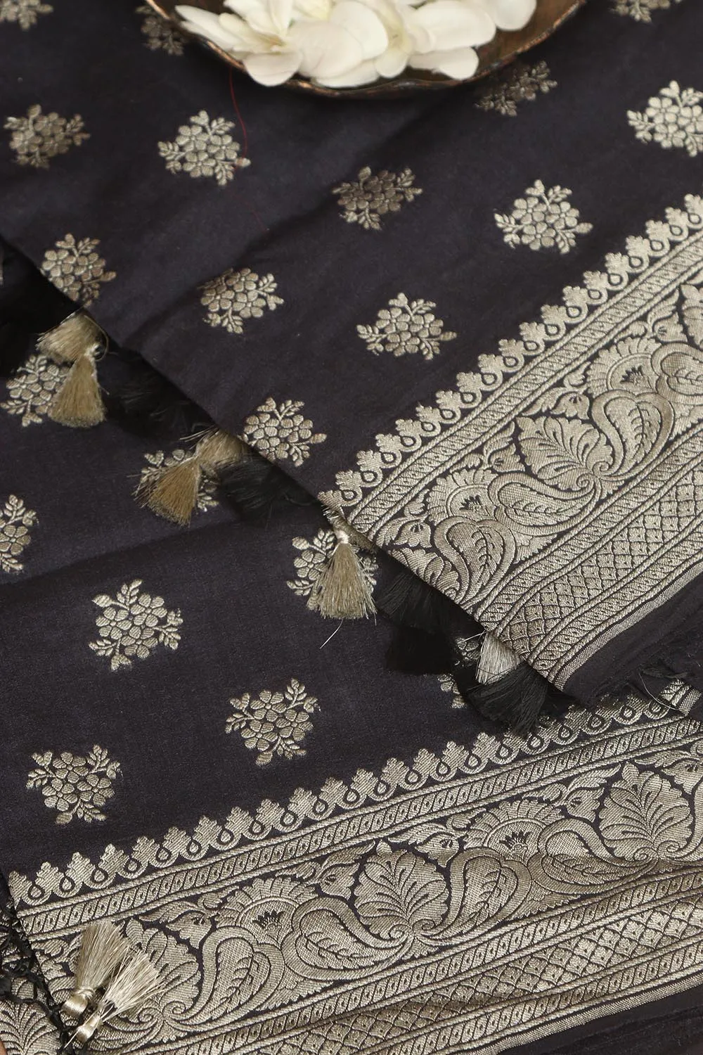 Exquisite Black Banarasi Handloom Pure Moonga Silk Dupatta