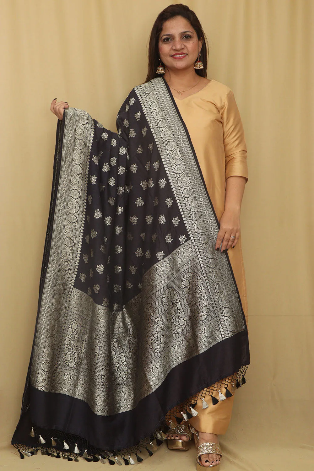 Exquisite Black Banarasi Handloom Pure Moonga Silk Dupatta