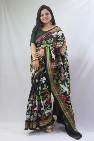 Exquisite Black Kantha Silk Saree with Hand Embroidery