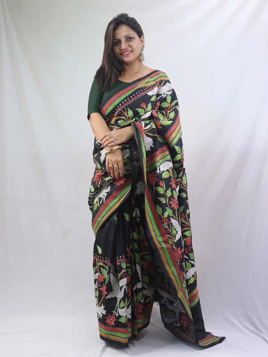 Exquisite Black Kantha Silk Saree with Hand Embroidery