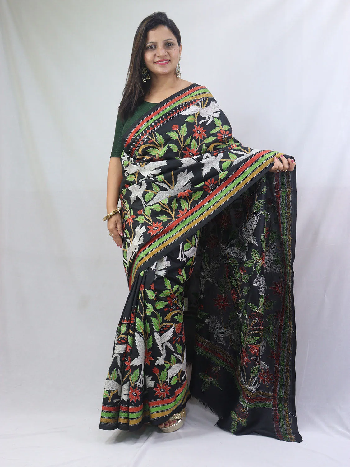 Exquisite Black Kantha Silk Saree with Hand Embroidery