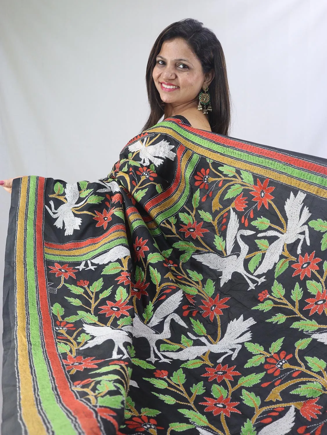 Exquisite Black Kantha Silk Saree with Hand Embroidery