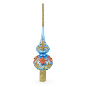 Exquisite Blue and Gold Floral Glass Tree Topper