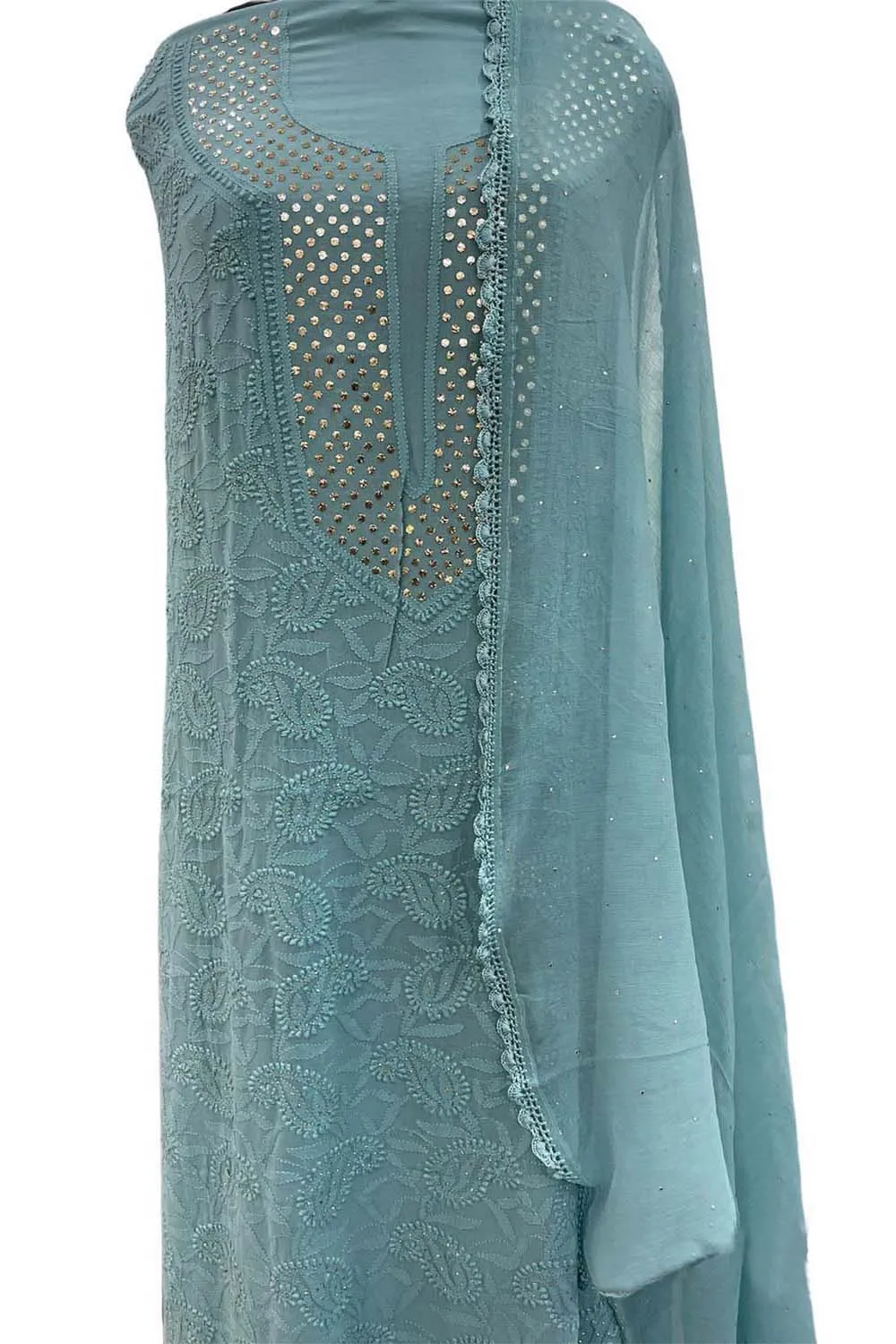 Exquisite Blue Chikankari Georgette Suit: Hand-Embroidered Elegance