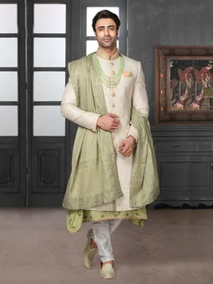 Exquisite Cream Silk Sherwani With Authentic Pista Green Dupatta