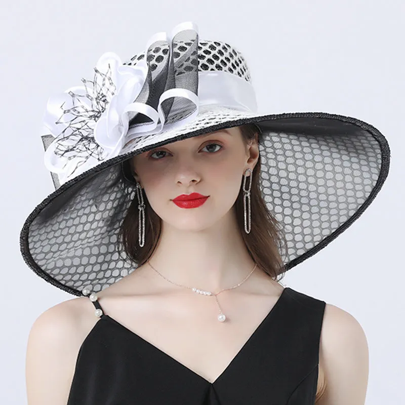 Exquisite Floral Embellished Wide Brim Organza Derby Hat