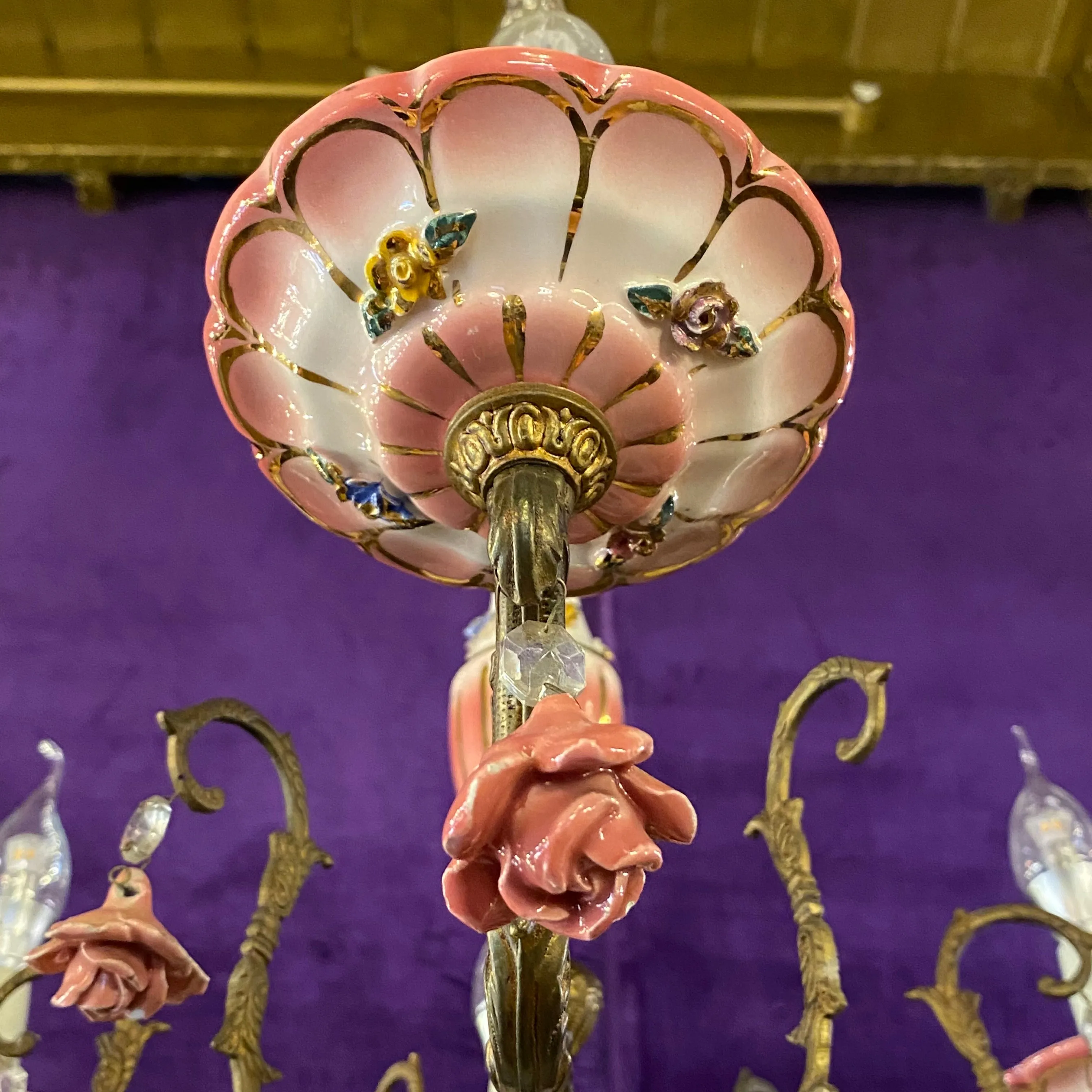 Exquisite Gold & Pink Capodimonte Porcelain Chandelier