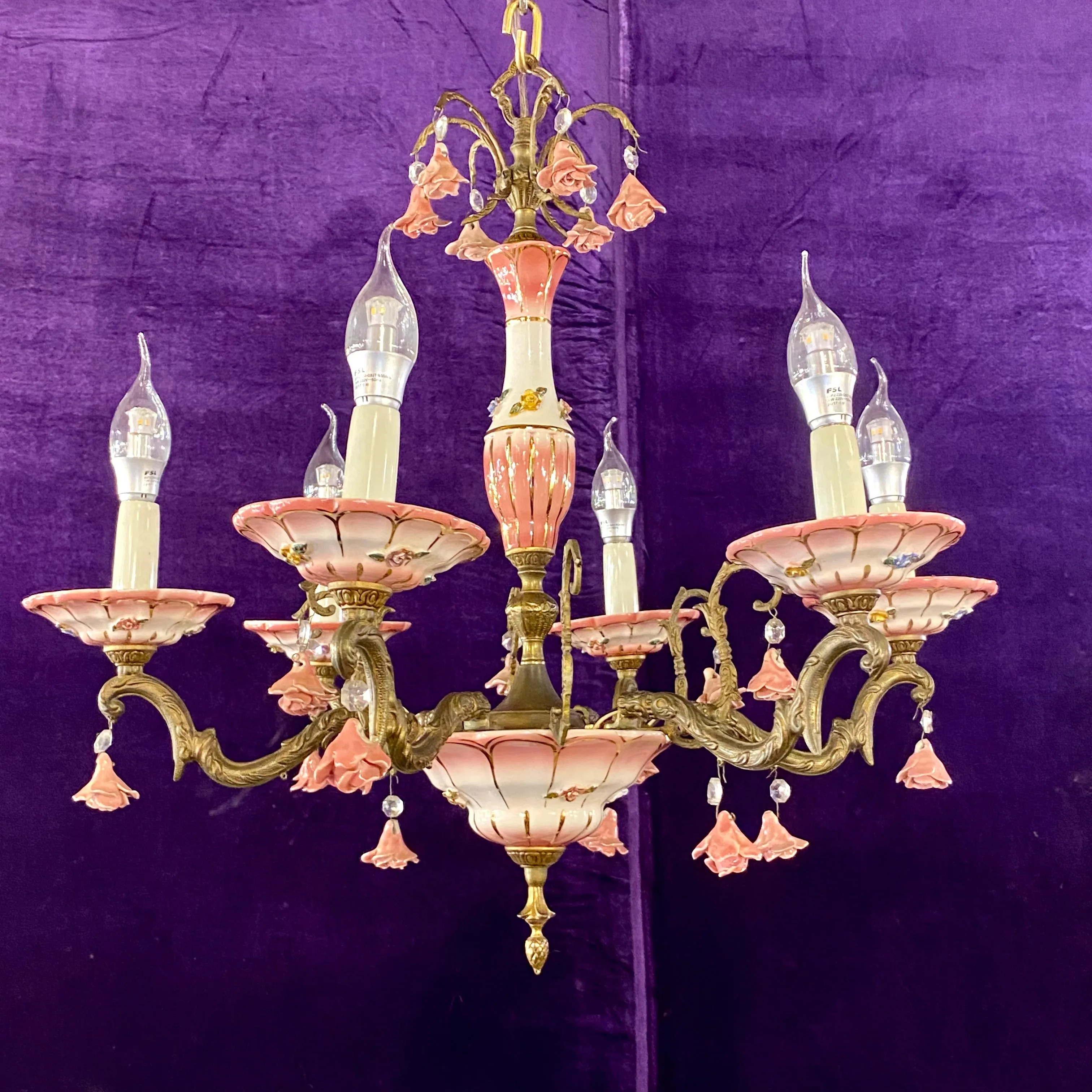 Exquisite Gold & Pink Capodimonte Porcelain Chandelier