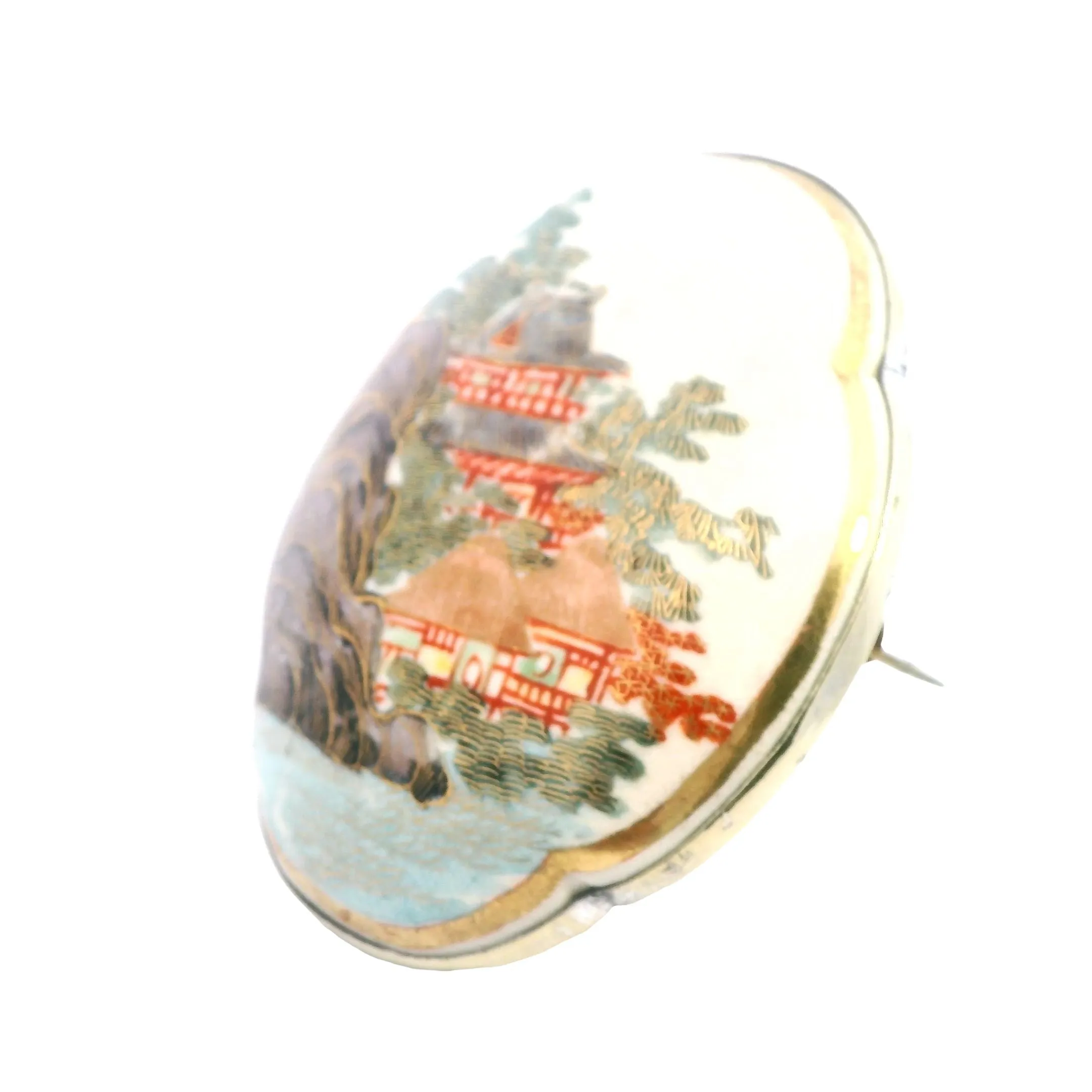 Exquisite Gold-Plated Hand-Painted Satsuma Porcelain Brooch