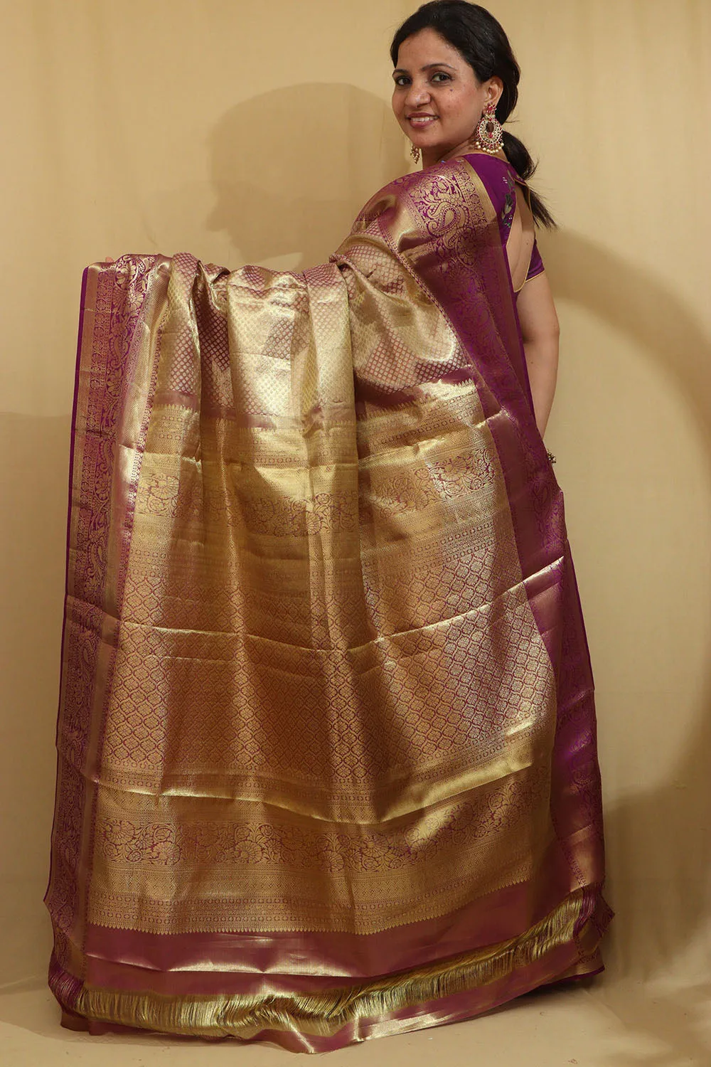 Exquisite Golden & Purple Kanjeevaram Silk Saree