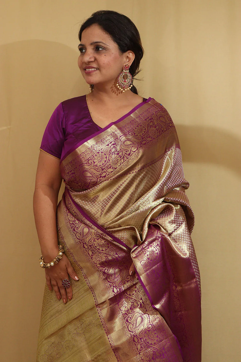 Exquisite Golden & Purple Kanjeevaram Silk Saree