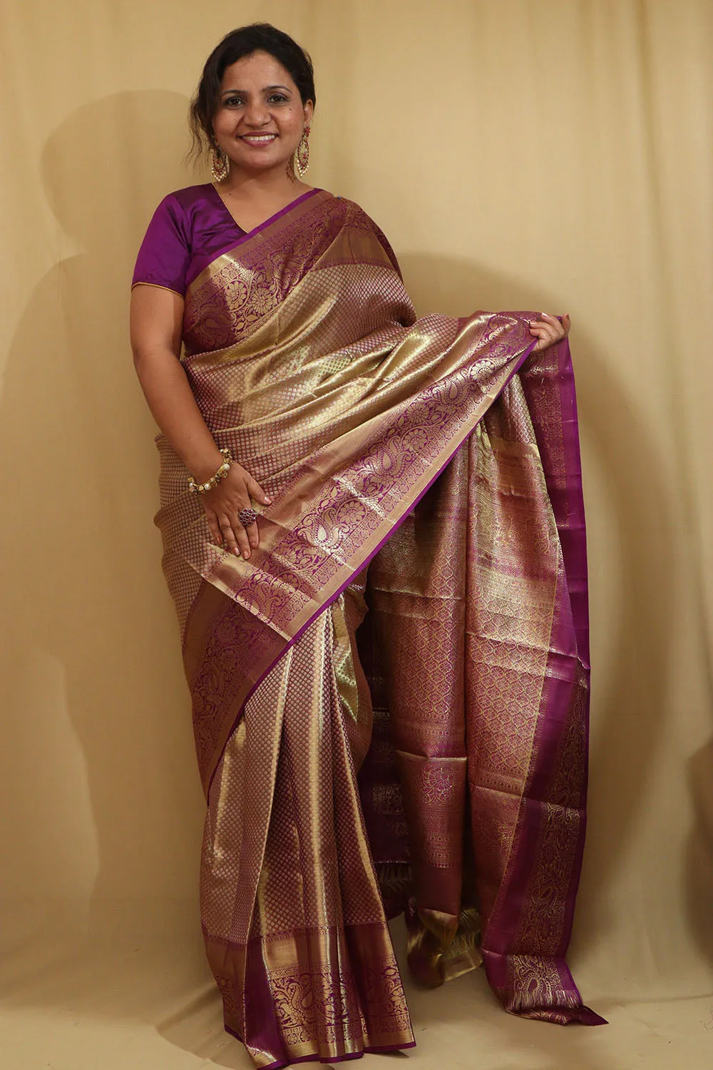 Exquisite Golden & Purple Kanjeevaram Silk Saree