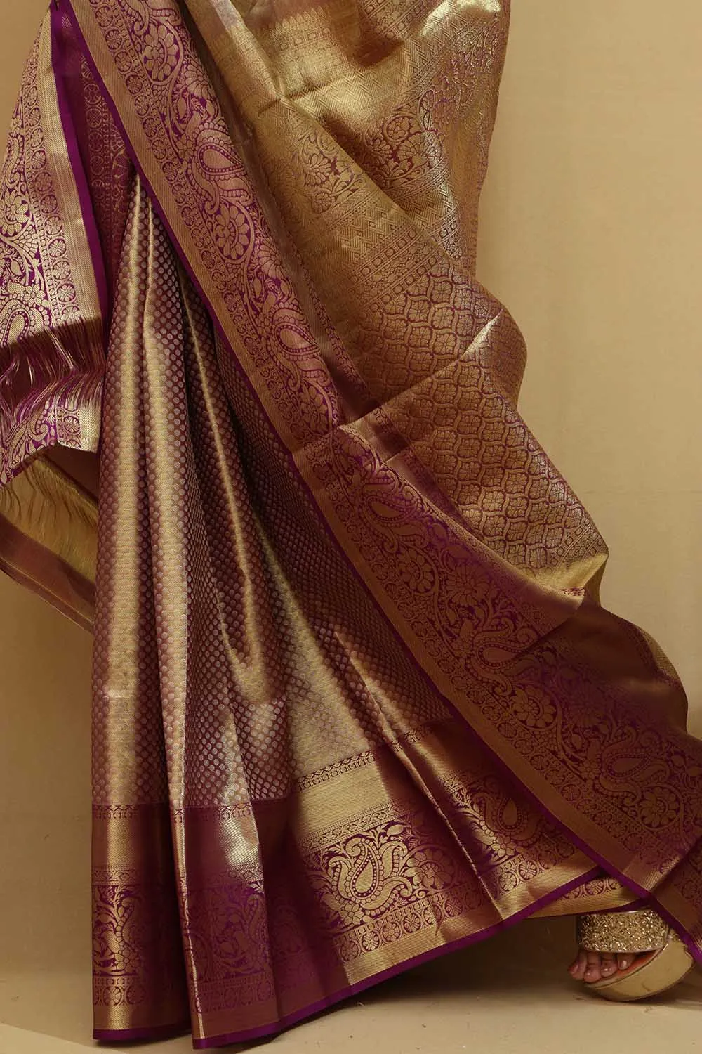 Exquisite Golden & Purple Kanjeevaram Silk Saree