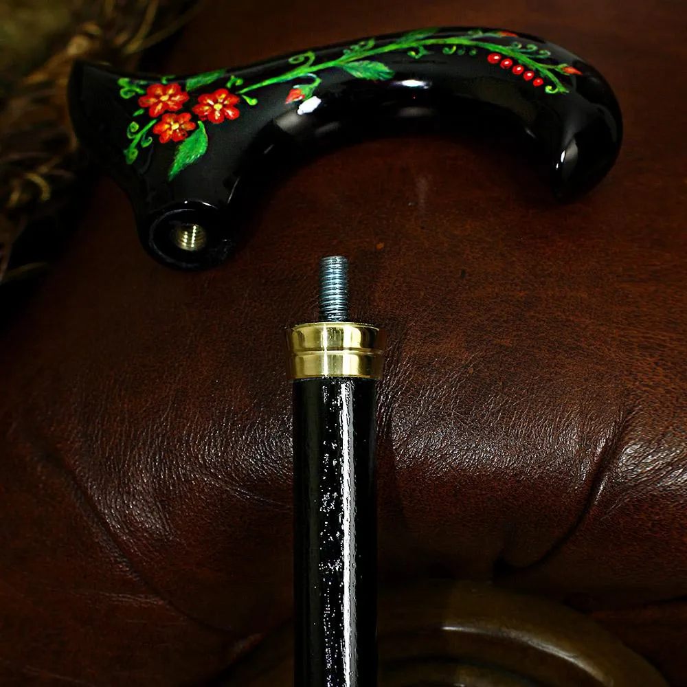 Exquisite Handpainted Flowers on Elegant Black Derby Wood Cane