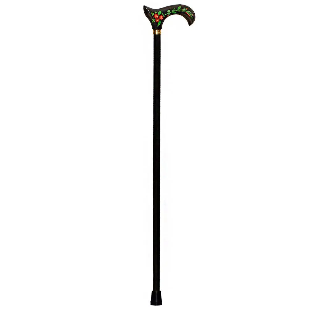 Exquisite Handpainted Flowers on Elegant Black Derby Wood Cane